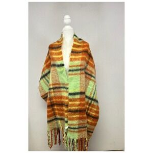 Gorpcore Urban Outfitters Women One Size Orange Green Plaid Fringe Blanket Scarf